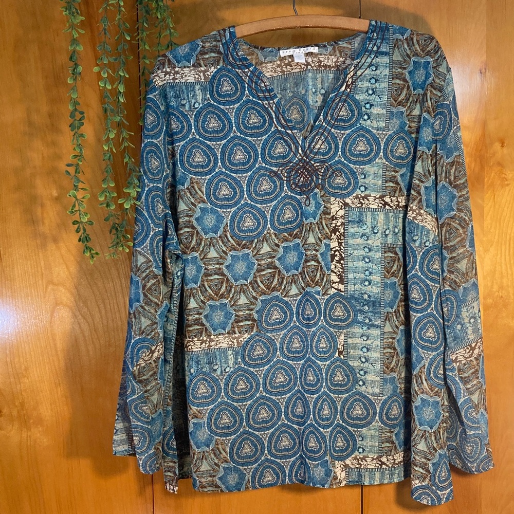 Earthy Bohemian Blue and Brown Patterned Tunic Top 3X Fred David Woman Boho